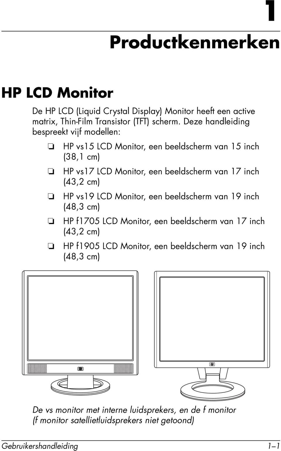 (43,2 cm) HP vs19 LCD Monitor, een beeldscherm van 19 inch (48,3 cm) HP f1705 LCD Monitor, een beeldscherm van 17 inch (43,2 cm) HP f1905 LCD Monitor,