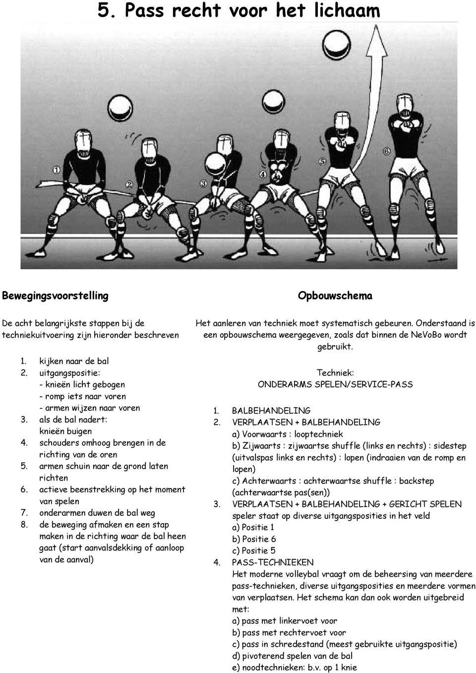 armen schuin naar de grond laten richten 6. actieve beenstrekking op het moment van spelen 7. onderarmen duwen de bal weg 8.