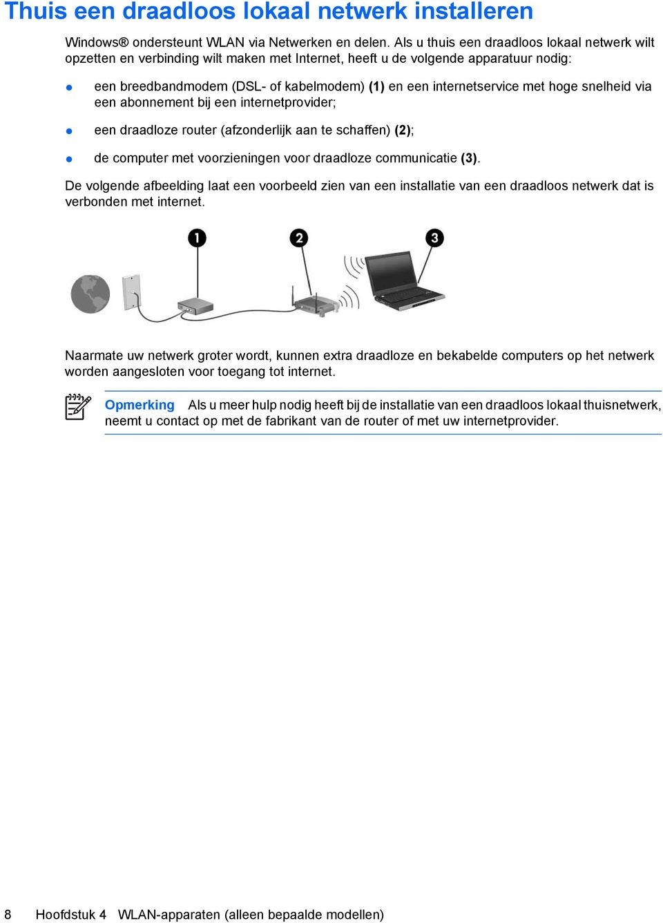 met hoge snelheid via een abonnement bij een internetprovider; een draadloze router (afzonderlijk aan te schaffen) (2); de computer met voorzieningen voor draadloze communicatie (3).