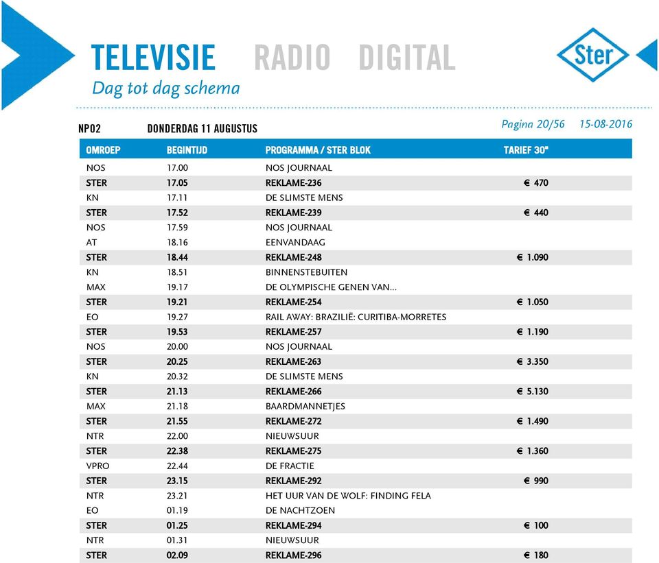 32 STER 21.13 REKLAME-266 MAX 21.18 BAARDMANNETJES STER 21.55 REKLAME-272 NTR 22.00 STER 22.38 REKLAME-275 VPRO 22.44 DE FRACTIE STER 23.