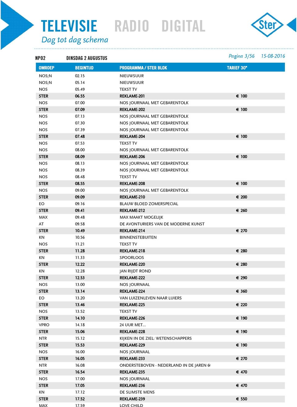 00 MET GEBARENTOLK STER 09.09 EO 09.16 BLAUW BLOED ZOMERSPECIAL STER 09.41 MAX 09.48 MAX MAAKT MOGELIJK AT 09.58 DE AVONTURIERS VAN DE MODERNE KUNST STER 10.49 REKLAME-214 KN 10.56 NOS 11.21 STER 11.