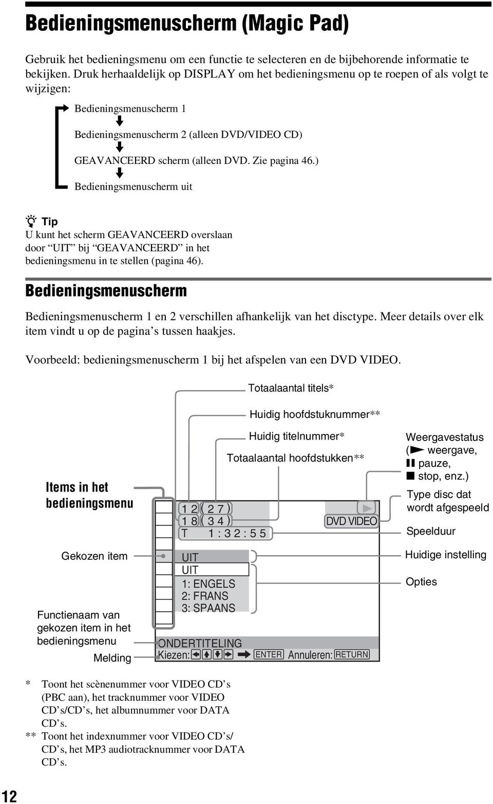 Zie pagina 46.) m Bedieningsmenuscherm uit z Tip U kunt het scherm GEAVANCEERD overslaan door UIT bij GEAVANCEERD in het bedieningsmenu in te stellen (pagina 46).