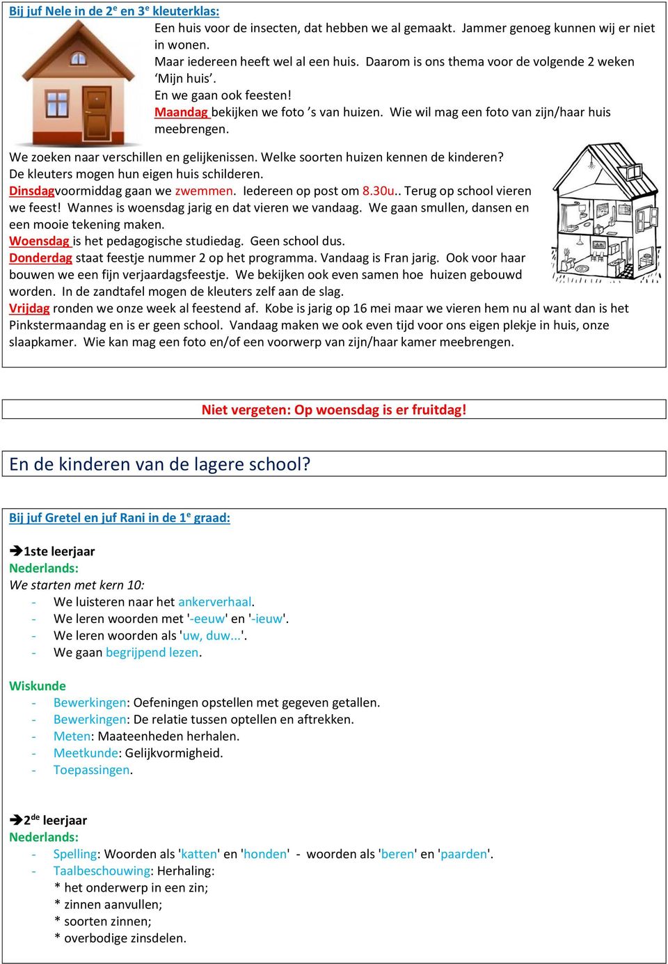 We zoeken naar verschillen en gelijkenissen. Welke soorten huizen kennen de kinderen? De kleuters mogen hun eigen huis schilderen. Dinsdagvoormiddag gaan we zwemmen. Iedereen op post om 8.30u.