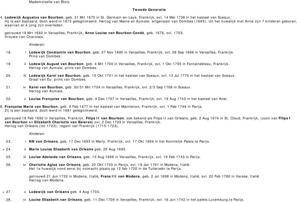 getrouwd 19 Mrt 1692 in Versailles, Frankrijk, Anne Louise van Bourbon-Condé, geb. 1676, ovl. 1753. Vrouwe van Charolais. 18. i Lodewijk Constantin van Bourbon, geb.