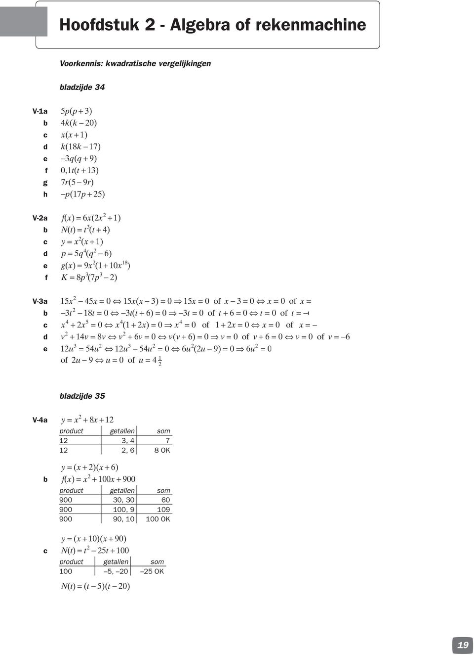 0 x ( + x) = 0 x = 0 of + x = 0 x = 0 of x = d v + v= 8v v + v= 0 v( v+ ) = 0 v= 0 of v+ = 0 v= 0 of v = e u = u u u = 0 u ( u 9) = 0 u = 0 of u 9 u= 0 of u = bladzijde V-a y= x + 8x + product