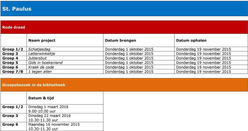 oktober 2015 Donderdag 19 november 2015 Groep 6 Kraak de code Donderdag 1 oktober 2015 Donderdag 19 november 2015 Groep 7/8 1 tegen allen Donderdag 1