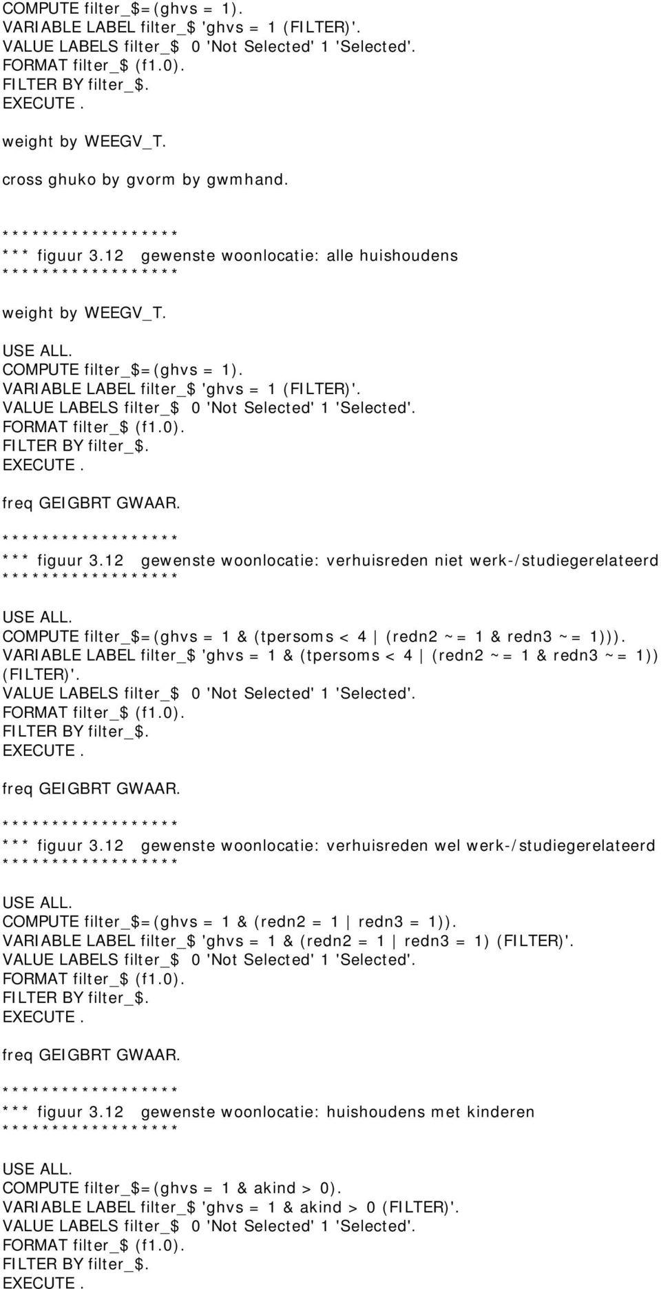 12 gewenste woonlocatie: verhuisreden niet werk-/studiegerelateerd COMPUTE filter_$=(ghvs = 1 & (tpersoms < 4 (redn2 ~= 1 & redn3 ~= 1))).