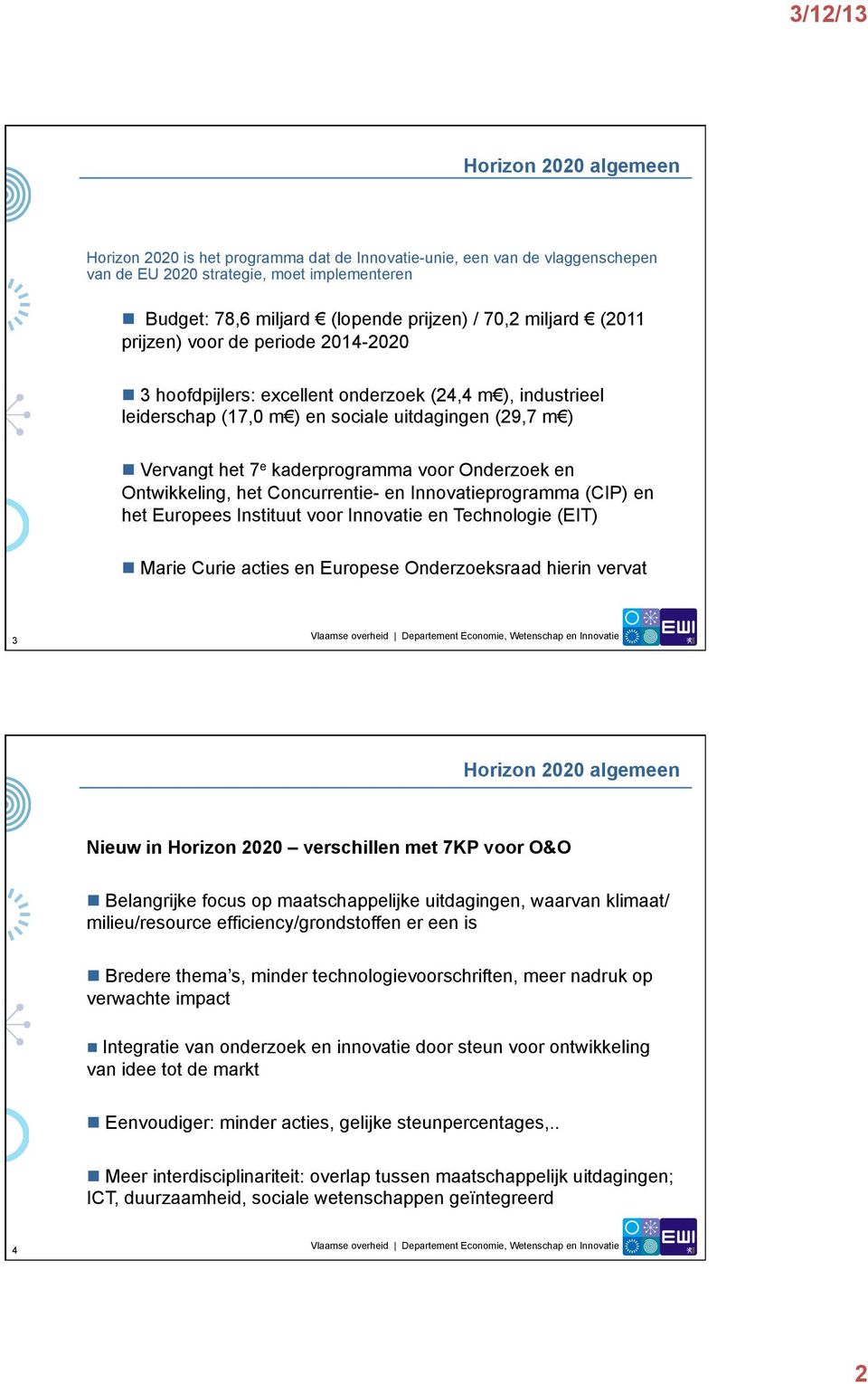 voor Onderzoek en Ontwikkeling, het Concurrentie- en Innovatieprogramma (CIP) en het Europees Instituut voor Innovatie en Technologie (EIT) n Marie Curie acties en Europese Onderzoeksraad hierin