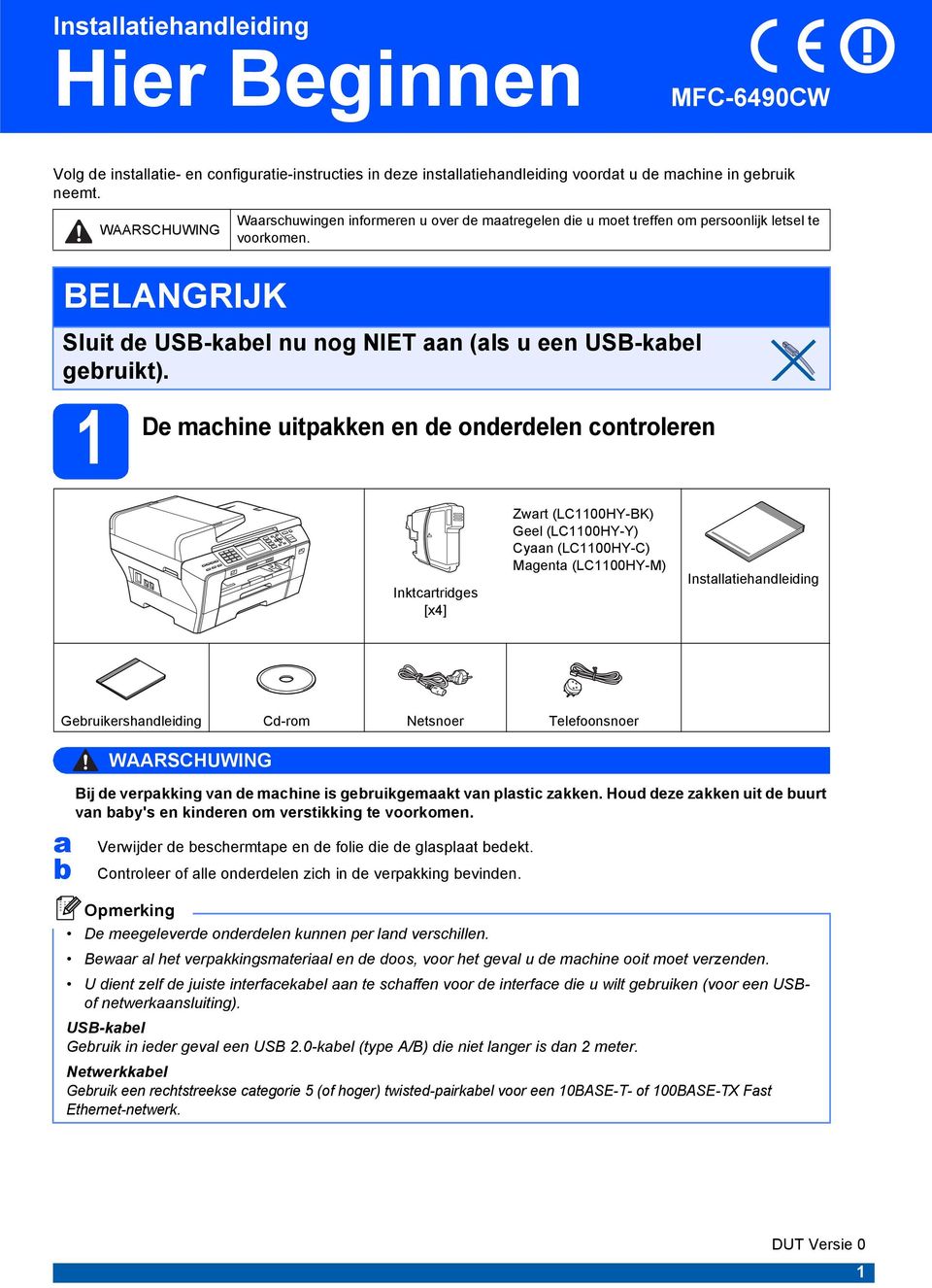 1 De mhine uitpkken en e onerelen ontroleren Inktrtriges [x4] Zwrt (LC1100HY-BK) Geel (LC1100HY-Y) Cyn (LC1100HY-C) Mgent (LC1100HY-M) Instlltiehnleiing Geruikershnleiing C-rom Netsnoer Telefoonsnoer