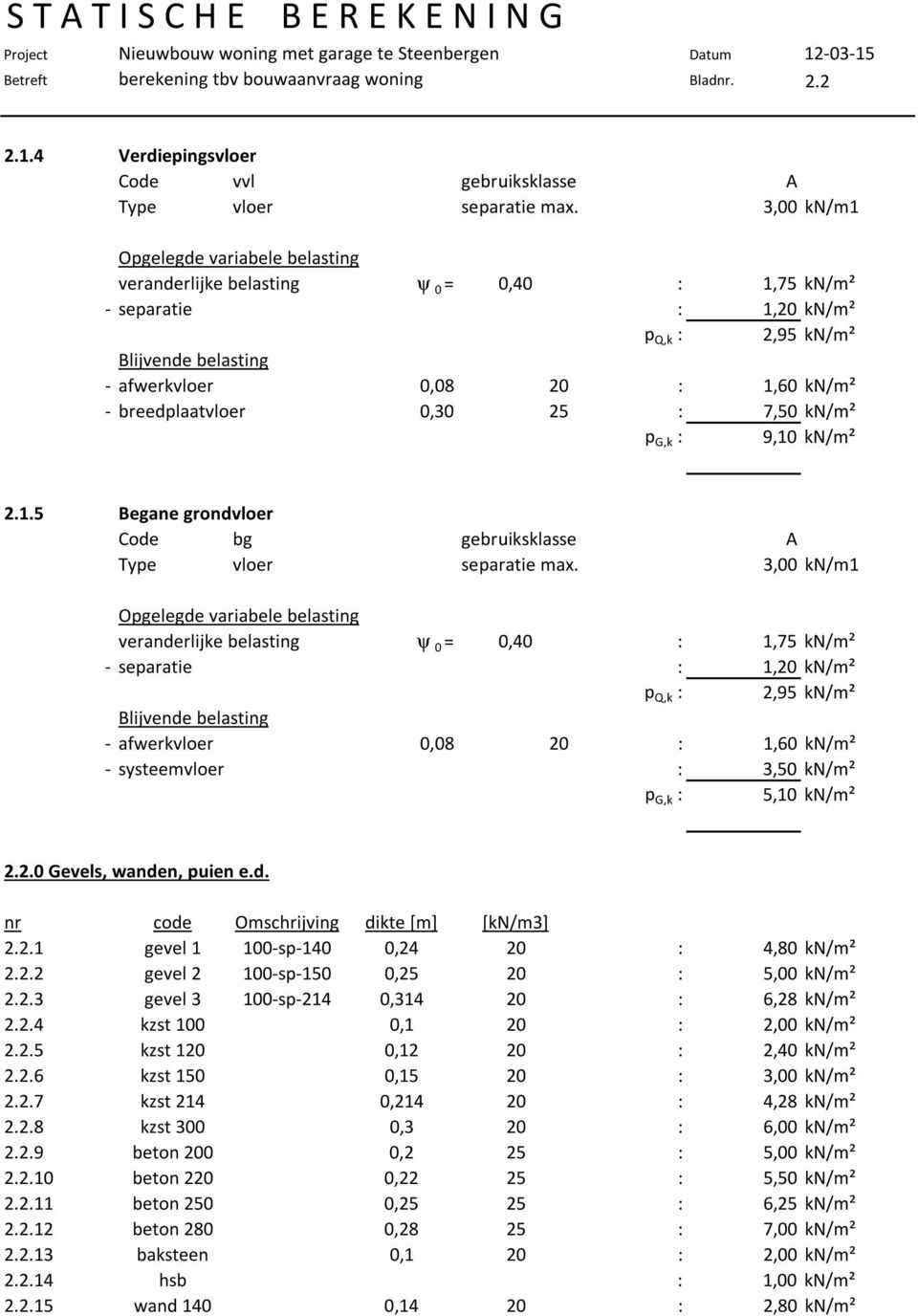 breedplaatvloer 0,30 25 : 7,50 kn/m² p G,k : 9,10 kn/m² 2.1.5 Begane grondvloer Code bg gebruiksklasse A Type vloer separatie max.  systeemvloer : 3,50 kn/m² p G,k : 5,10 kn/m² 2.2.0 Gevels, wanden, puien e.