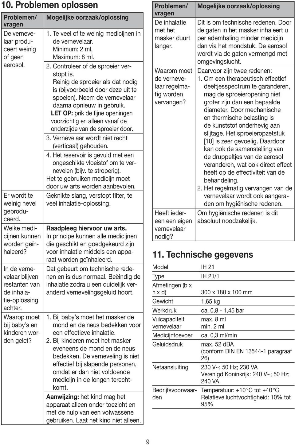 Te veel of te weinig medicijnen in de vernevelaar. Minimum: 2 ml, Maximum: 8 ml. 2. Controleer of de sproeier verstopt is. Reinig de sproeier als dat nodig is (bijvoorbeeld door deze uit te spoelen).