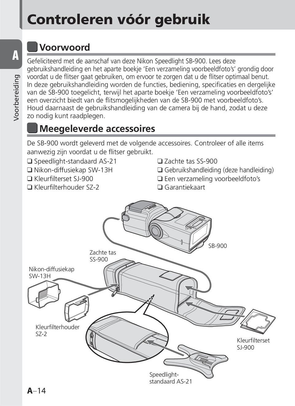 In deze gebruikshandleiding worden de functies, bediening, specificaties en dergelijke van de SB-900 toegelicht, terwijl het aparte boekje Een verzameling voorbeeldfoto s een overzicht biedt van de