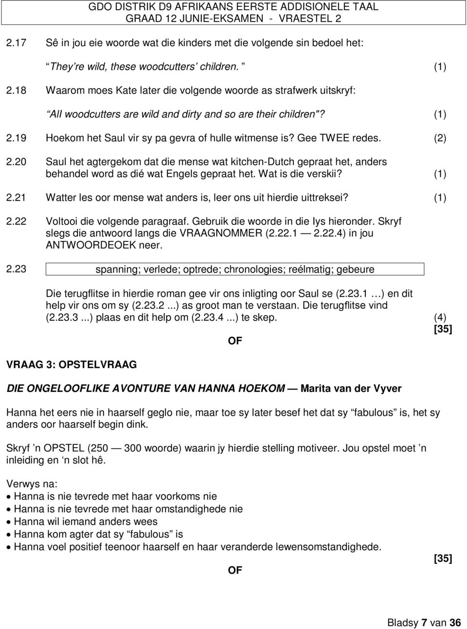 Gee TWEE redes. (2) 2.20 Saul het agtergekom dat die mense wat kitchen-dutch gepraat het, anders behandel word as dié wat Engels gepraat het. Wat is die verskii? (1) 2.