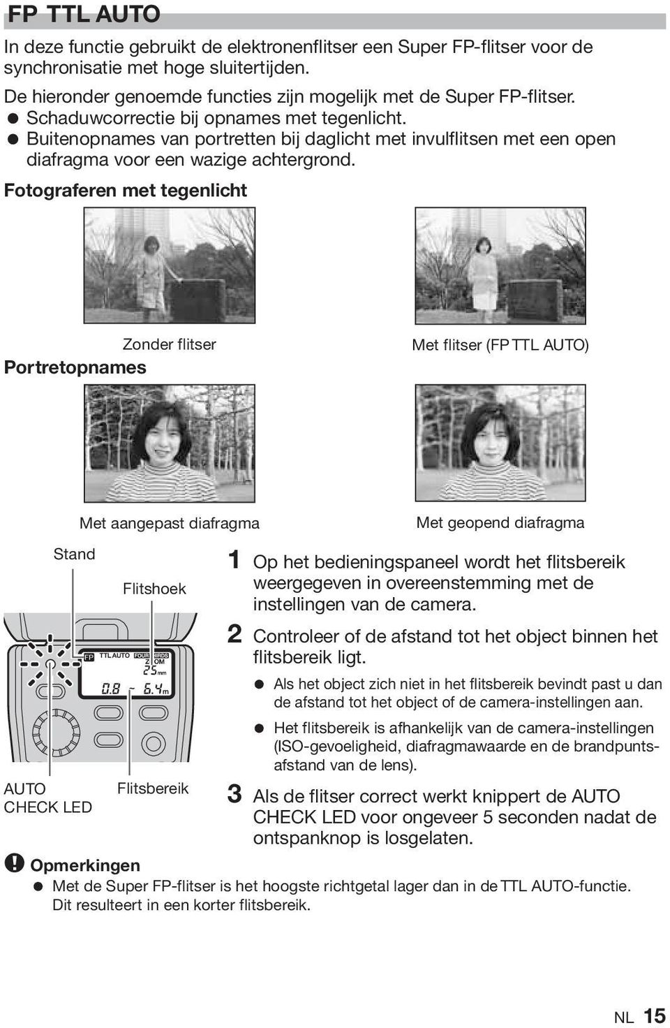 Fotograferen met tegenlicht Zonder flitser Portretopnames Met flitser (FP TTL AUTO) Stand AUTO CHECK LED Met aangepast diafragma Flitshoek Flitsbereik Met geopend diafragma 1 Op het bedieningspaneel