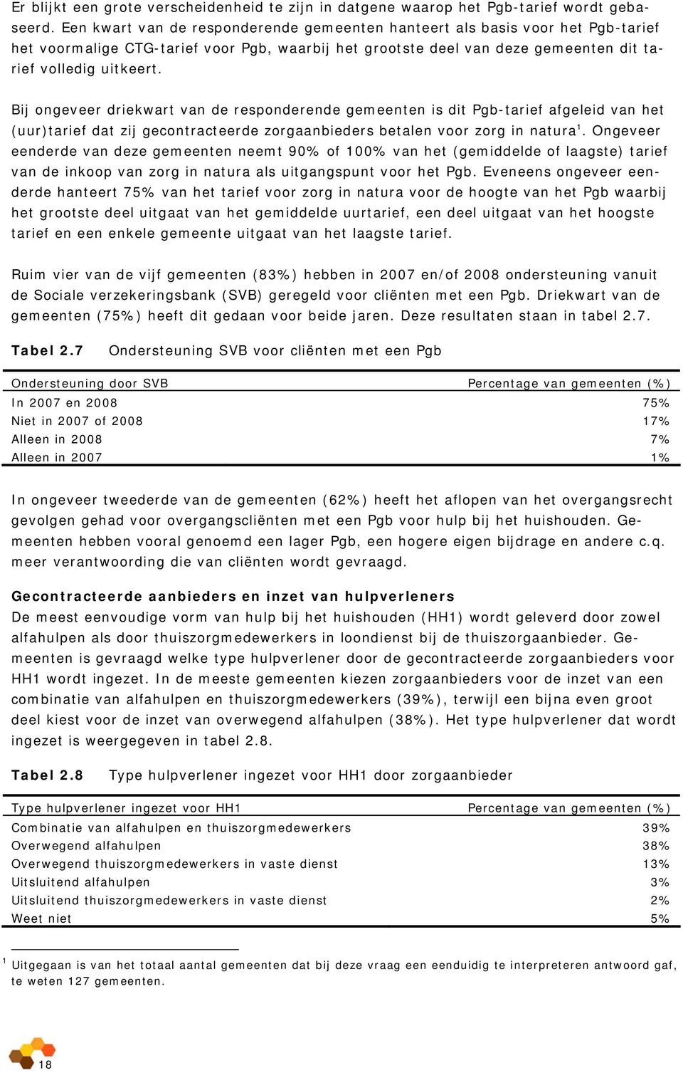 Bij ongeveer driekwart van de responderende gemeenten is dit Pgb-tarief afgeleid van het (uur)tarief dat zij gecontracteerde zorgaanbieders betalen voor zorg in natura 1.