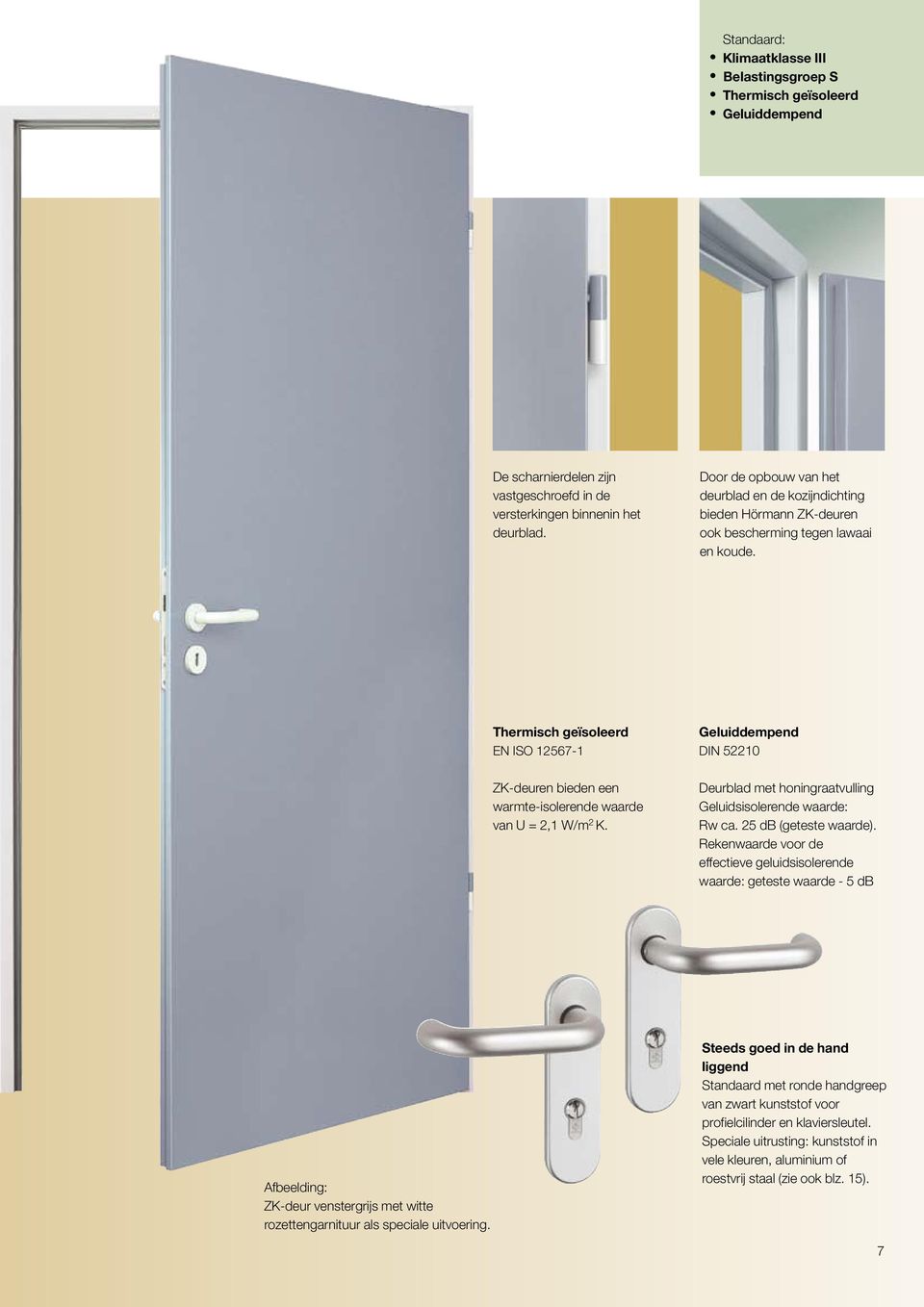 Thermisch geïsoleerd EN ISO 12567-1 ZK-deuren bieden een warmte-isolerende waarde van U = 2,1 W/m 2 K. Geluiddempend DIN 52210 Deurblad met honingraatvulling Geluidsisolerende waarde: Rw ca.