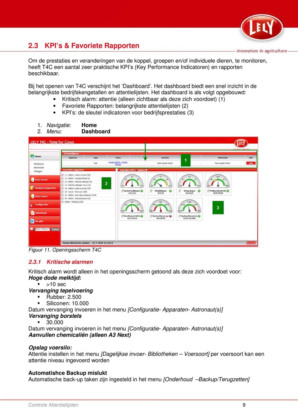 Het dashboard is als volgt opgebouwd: Kritisch alarm: attentie (alleen zichtbaar als deze zich voordoet) (1) Favoriete Rapporten: belangrijkste attentielijsten (2) KPI s: de sleutel indicatoren voor