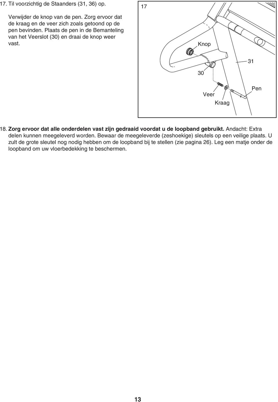 Zorg ervoor dat alle onderdelen vast zijn gedraaid voordat u de loopband gebruikt. Andacht: Extra delen kunnen meegeleverd worden.