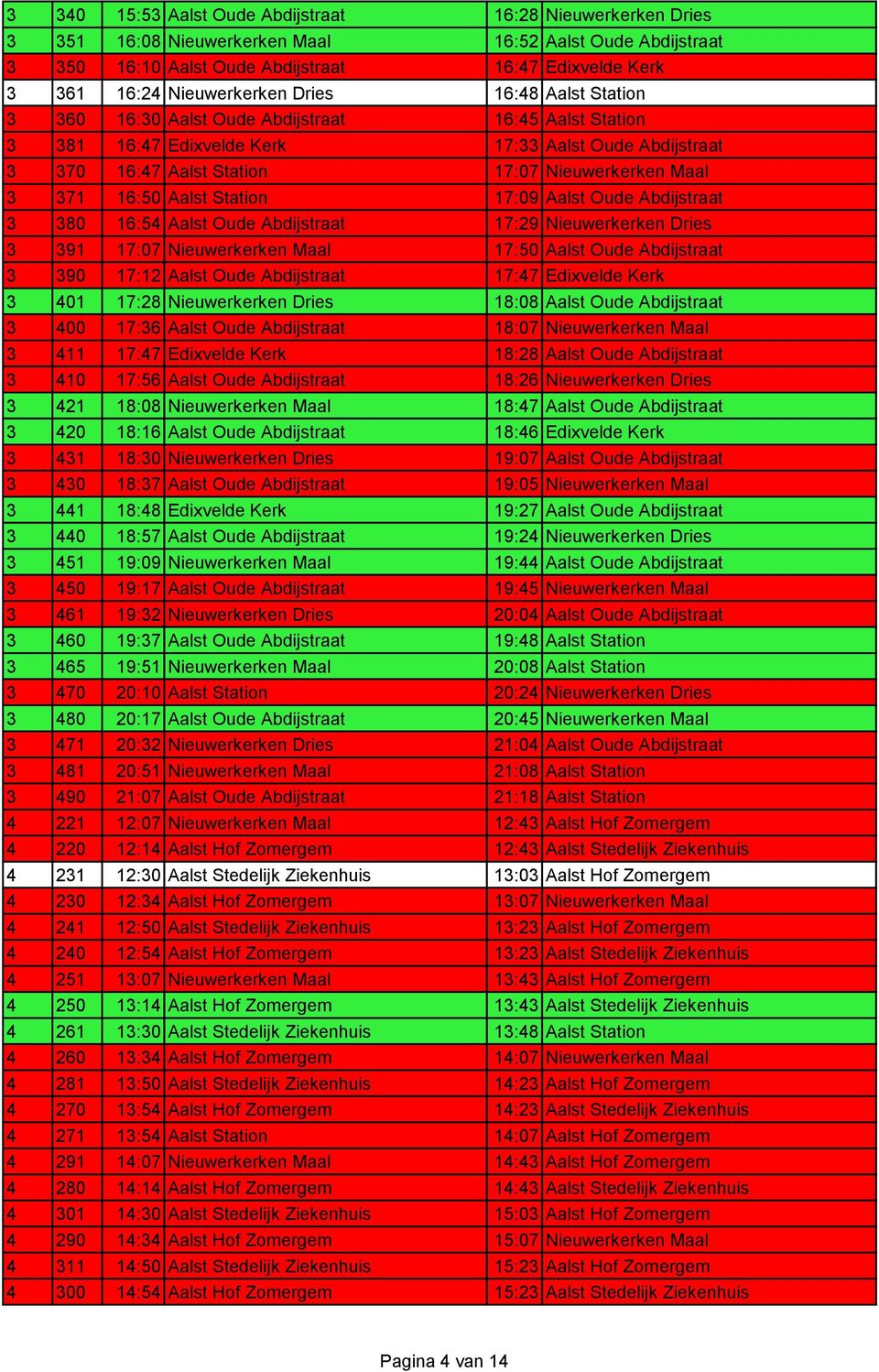 Maal 3 371 16:50 Aalst Station 17:09 Aalst Oude Abdijstraat 3 380 16:54 Aalst Oude Abdijstraat 17:29 Nieuwerkerken Dries 3 391 17:07 Nieuwerkerken Maal 17:50 Aalst Oude Abdijstraat 3 390 17:12 Aalst