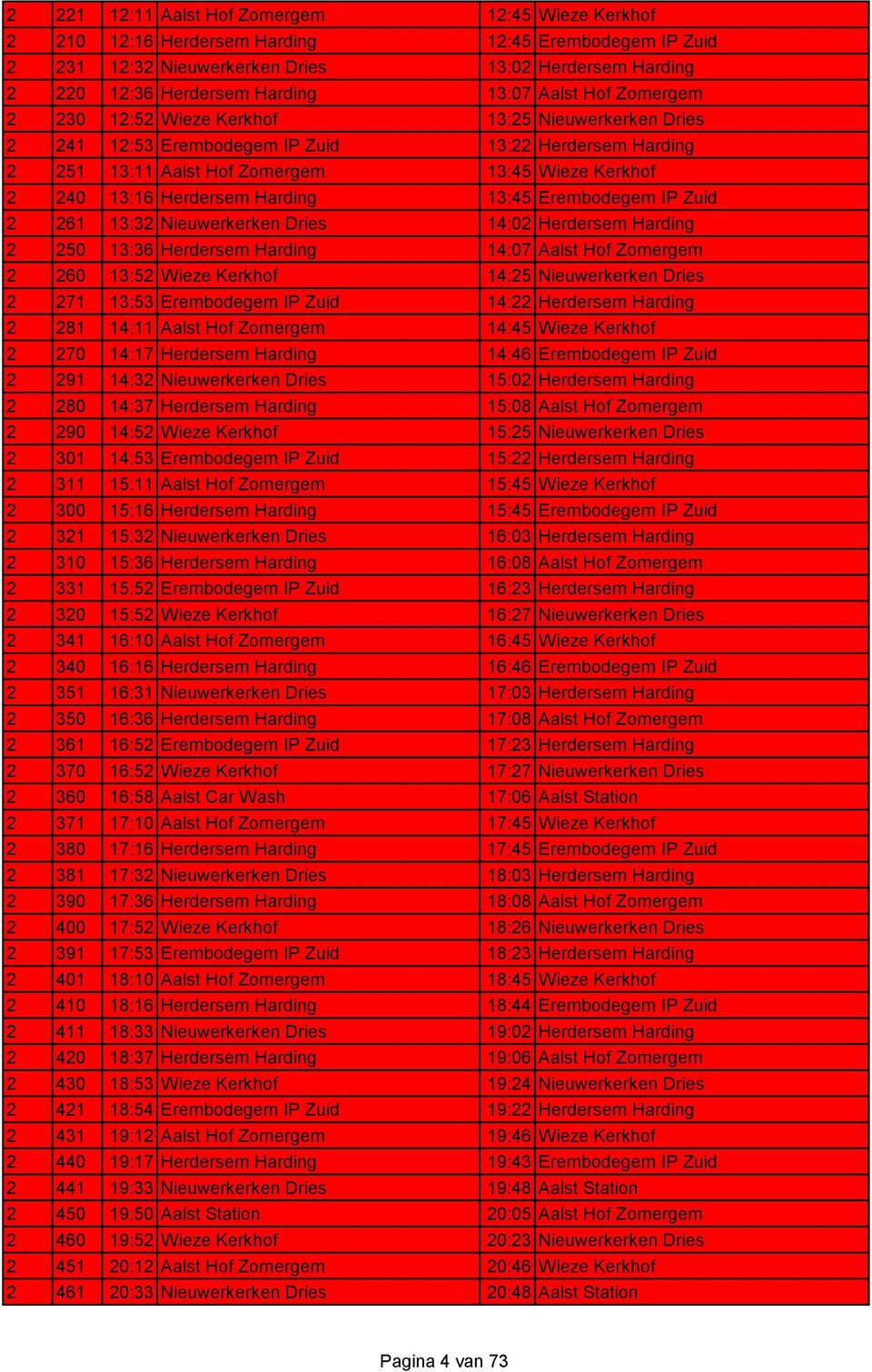 Harding 13:45 Erembodegem IP Zuid 2 261 13:32 Nieuwerkerken Dries 14:02 Herdersem Harding 2 250 13:36 Herdersem Harding 14:07 Aalst Hof Zomergem 2 260 13:52 Wieze Kerkhof 14:25 Nieuwerkerken Dries 2