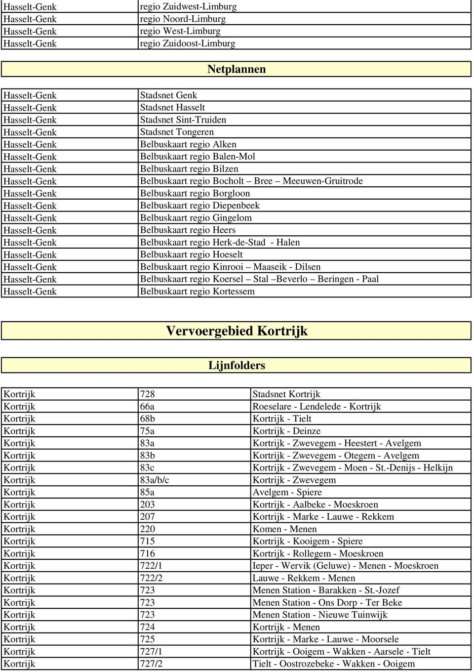 Belbuskaart regio Herk-de-Stad - Halen Belbuskaart regio Hoeselt Belbuskaart regio Kinrooi Maaseik - Dilsen Belbuskaart regio Koersel Stal Beverlo Beringen - Paal Belbuskaart regio Kortessem