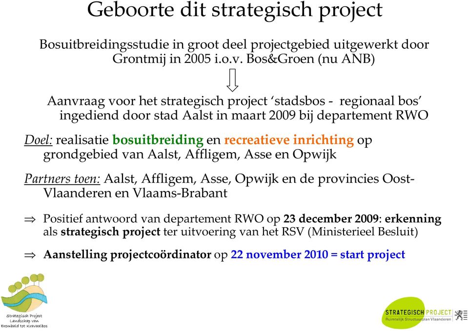 bosuitbreidingen recreatieve inrichtingop grondgebied van Aalst, Affligem, Asse en Opwijk Partners toen: Aalst, Affligem, Asse, Opwijk en de provincies Oost- Vlaanderen