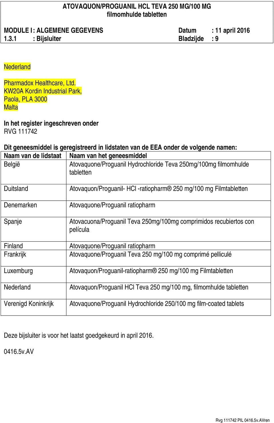 lidstaat Naam van het geneesmiddel België Atovaquone/Proguanil Hydrochloride Teva 250mg/100mg filmomhulde tabletten Duitsland Denemarken Spanje Finland Frankrijk Luxemburg Nederland Verenigd