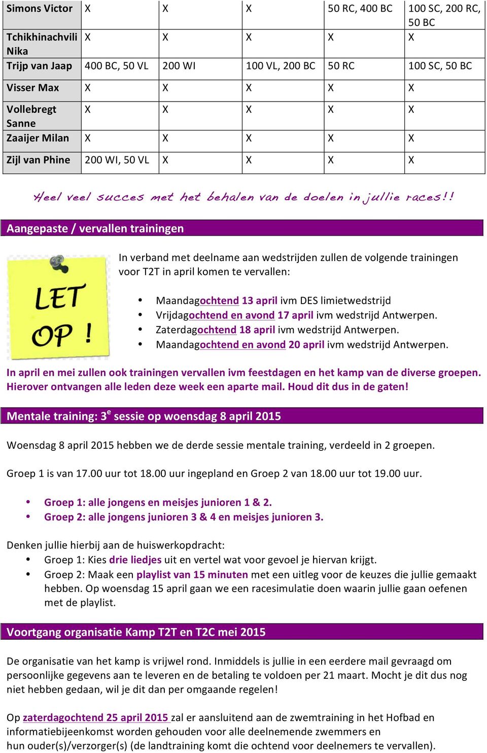 ! Aangepaste / vervallen trainingen In verband met deelname aan wedstrijden zullen de volgende trainingen voor T2T in april komen te vervallen: Maandagochtend 13 april ivm DES limietwedstrijd