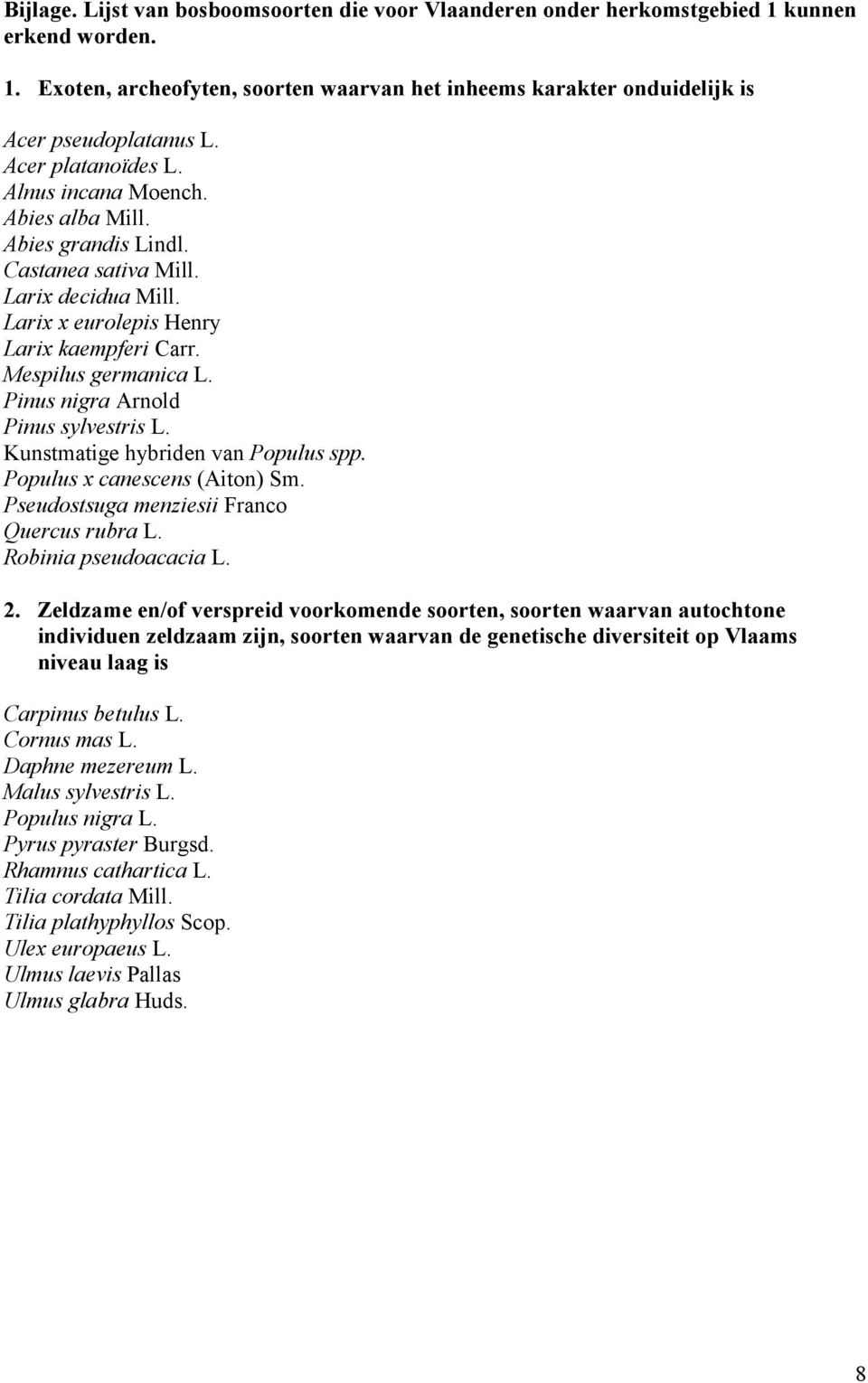Pinus nigra Arnold Pinus sylvestris L. Kunstmatige hybriden van Populus spp. Populus x canescens (Aiton) Sm. Pseudostsuga menziesii Franco Quercus rubra L. Robinia pseudoacacia L. 2.