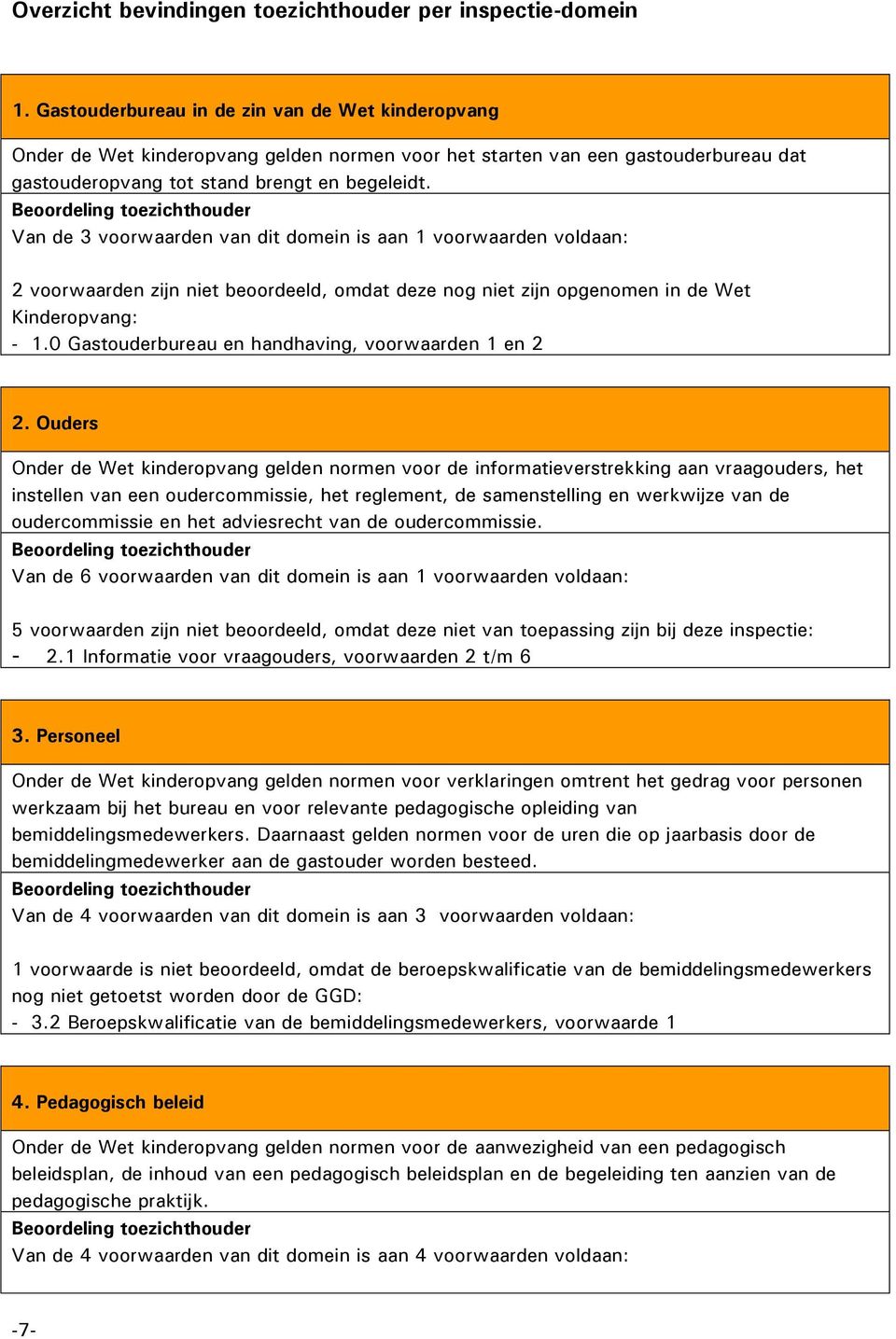 Beoordeling toezichthouder Van de 3 voorwaarden van dit domein is aan 1 voorwaarden voldaan: 2 voorwaarden zijn niet beoordeeld, omdat deze nog niet zijn opgenomen in de Wet Kinderopvang: - 1.
