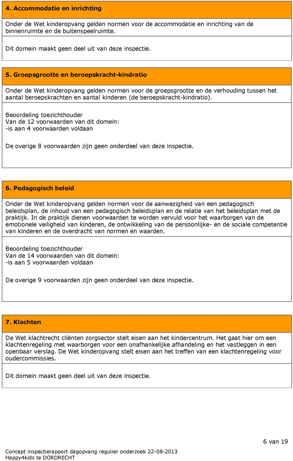 beroepskracht-kindratio). Beoordeling toezichthouder Van de 12 voorwaarden van dit domein: -is aan 4 voorwaarden voldaan De overige 8 voorwaarden zijn geen onderdeel van deze inspectie. 6.