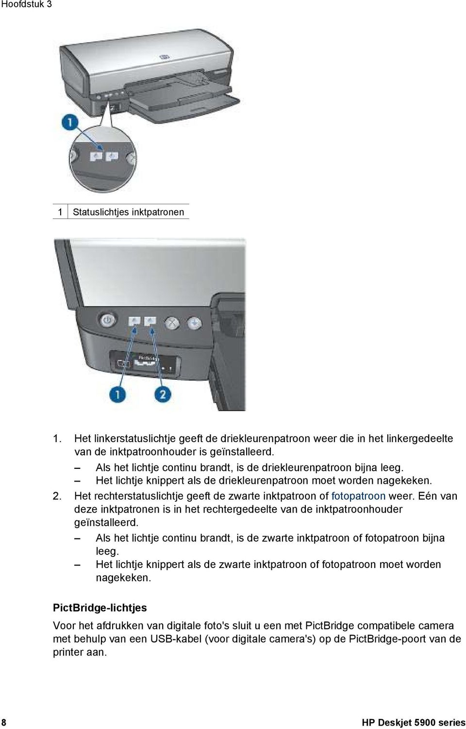 Het rechterstatuslichtje geeft de zwarte inktpatroon of fotopatroon weer. Eén van deze inktpatronen is in het rechtergedeelte van de inktpatroonhouder geïnstalleerd.