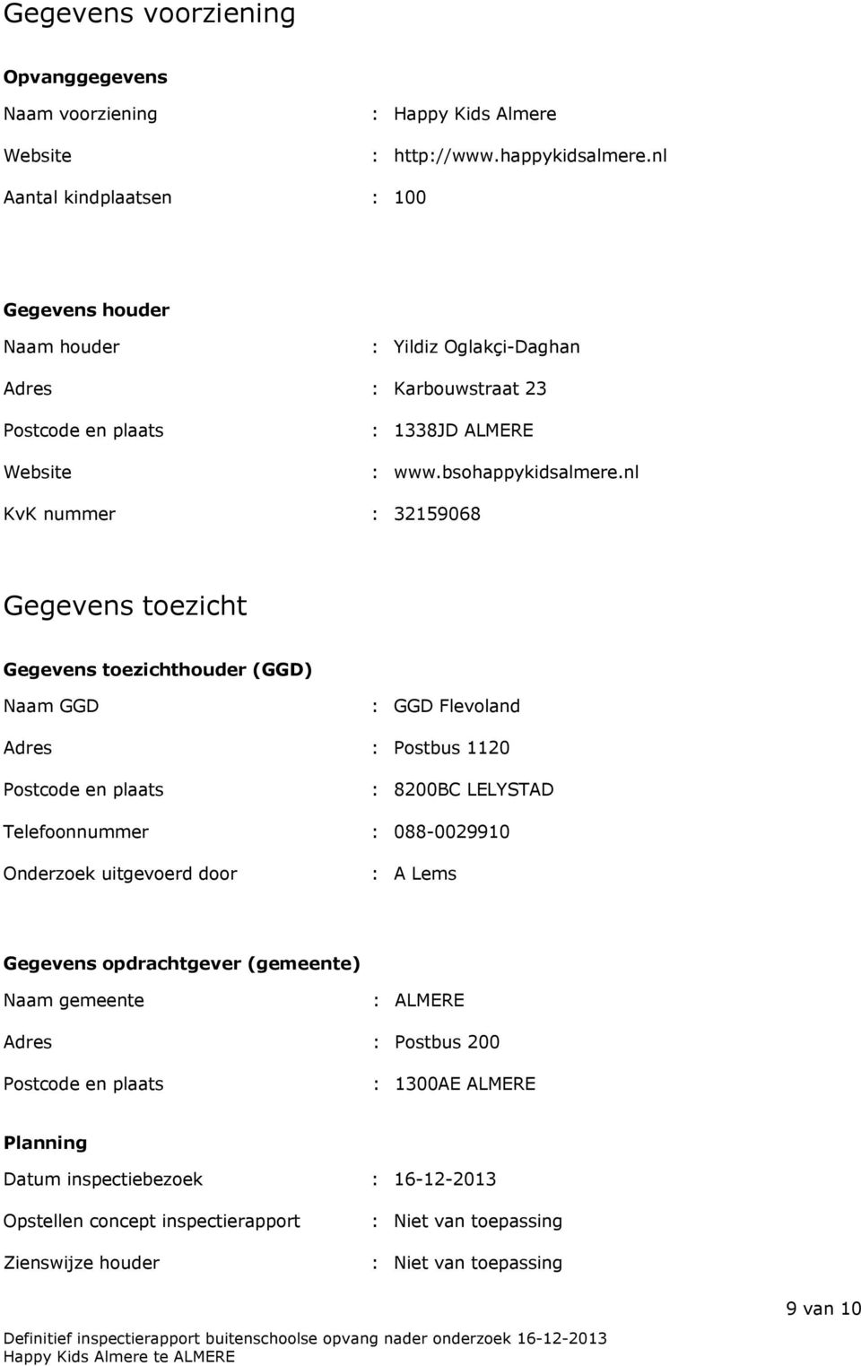 nl KvK nummer : 32159068 Gegevens toezicht Gegevens toezichthouder (GGD) Naam GGD : GGD Flevoland Adres : Postbus 1120 Postcode en plaats : 8200BC LELYSTAD Telefoonnummer : 088-0029910