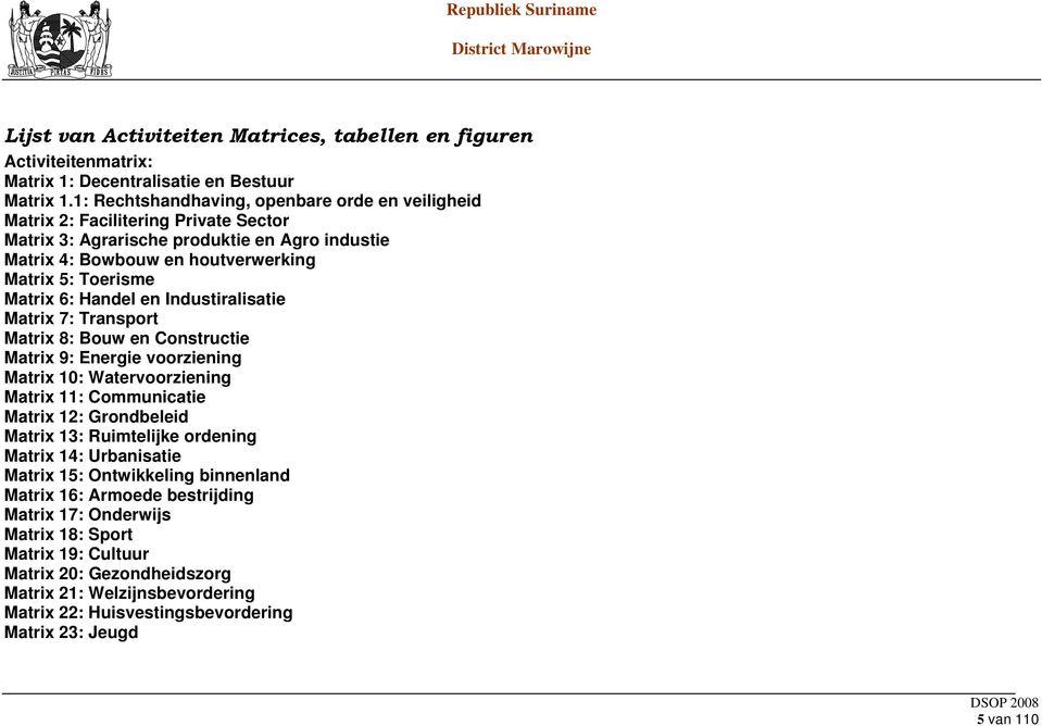 Handel en Industiralisatie Matrix 7: Transport Matrix 8: Bouw en Constructie Matrix 9: Energie voorziening Matrix 10: Watervoorziening Matrix 11: Communicatie Matrix 12: Grondbeleid Matrix 13: