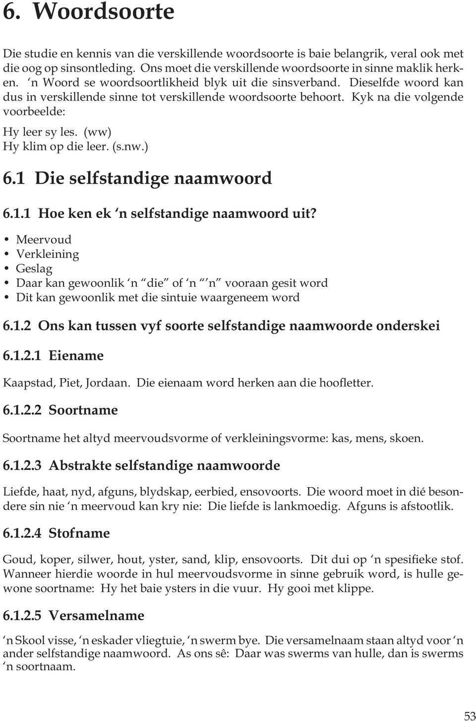 (ww) Hy klim op die leer. (s.nw.) 6.1 Die selfstandige naamwoord 6.1.1 Hoe ken ek n selfstandige naamwoord uit?