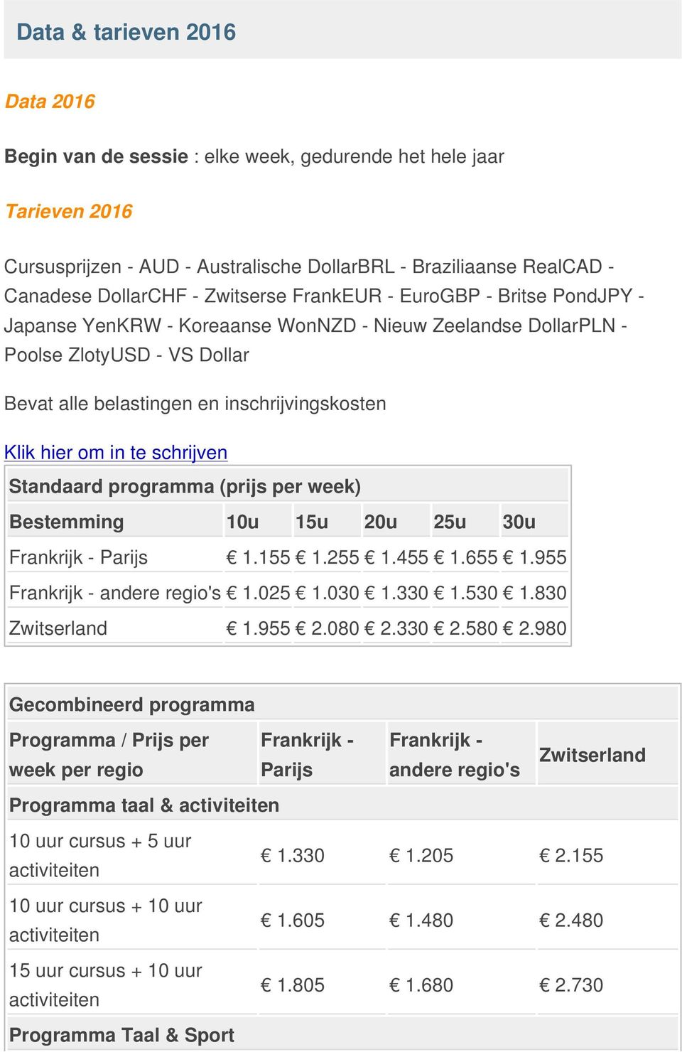 in te schrijven Standaard programma (prijs per week) Bestemming 10u 15u 20u 25u 30u Frankrijk - Parijs 1.155 1.255 1.455 1.655 1.955 Frankrijk - andere regio's 1.025 1.030 1.330 1.530 1.