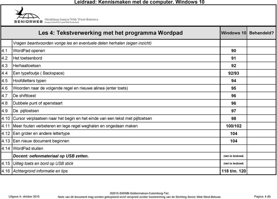 10 Cursor verplaatsen naar het begin en het einde van een tekst met pijltoetsen 98 4.11 Meer fouten verbeteren en lege regel weghalen en ongedaan maken 100/102 4.