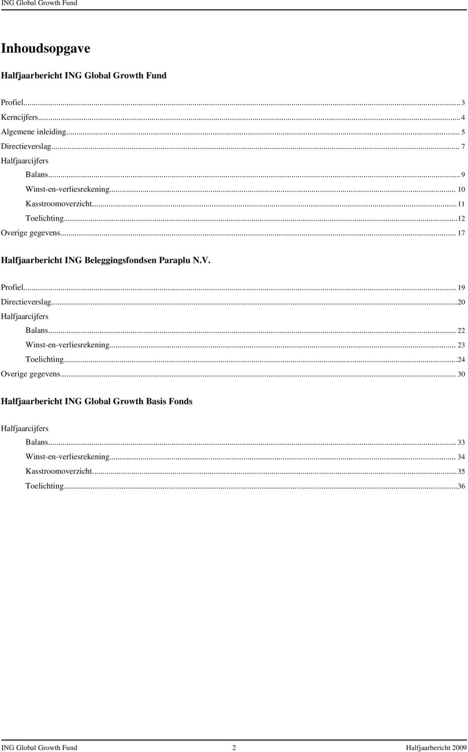 .. 17 Halfjaarbericht ING Beleggingsfondsen Paraplu N.V. Profiel... 19 Directieverslag...20 Halfjaarcijfers Balans... 22 Winst-en-verliesrekening... 23 Toelichting.