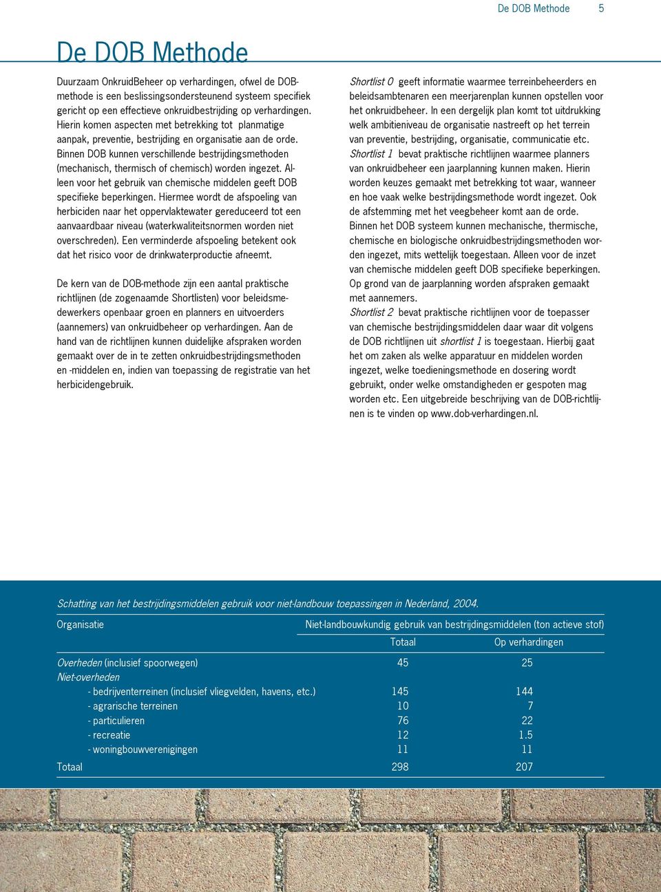 Binnen DOB kunnen verschillende bestrijdingsmethoden (mechanisch, thermisch of chemisch) worden ingezet. Alleen voor het gebruik van chemische middelen geeft DOB specifieke beperkingen.