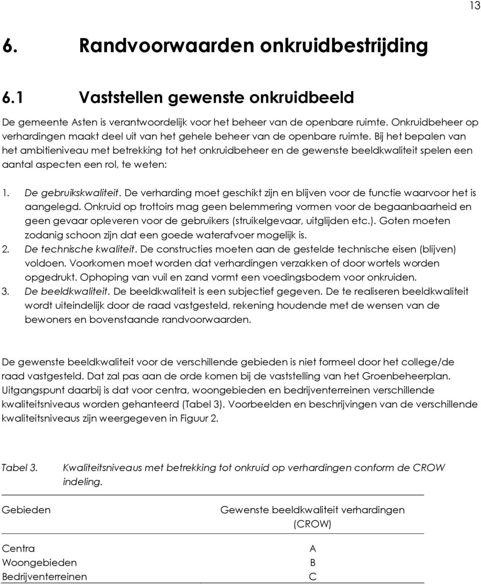 Bij het bepalen van het ambitieniveau met betrekking tot het onkruidbeheer en de gewenste beeldkwaliteit spelen een aantal aspecten een rol, te weten: 1. De gebruikskwaliteit.