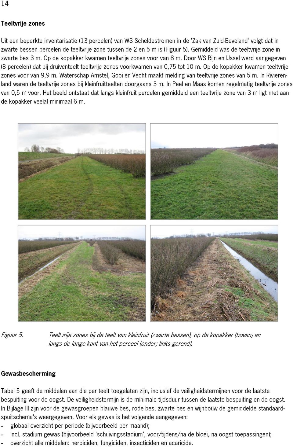Door WS Rijn en IJssel werd aangegeven (8 percelen) dat bij druiventeelt teeltvrije zones voorkwamen van 0,75 tot 10 m. Op de kopakker kwamen teeltvrije zones voor van 9,9 m.