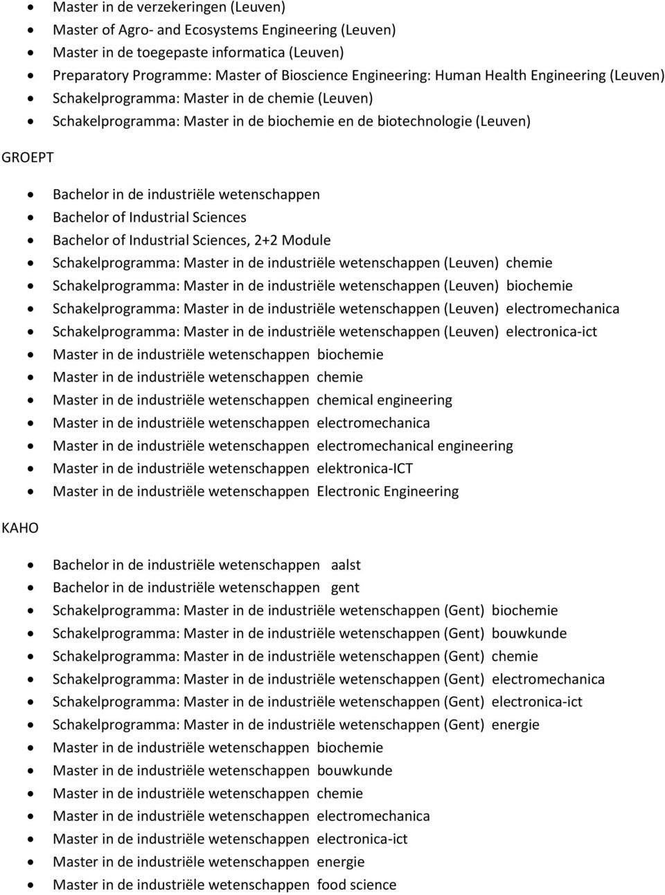 Bachelor of Industrial Sciences Bachelor of Industrial Sciences, 2+2 Module Schakelprogramma: Master in de industriële wetenschappen (Leuven) chemie Schakelprogramma: Master in de industriële