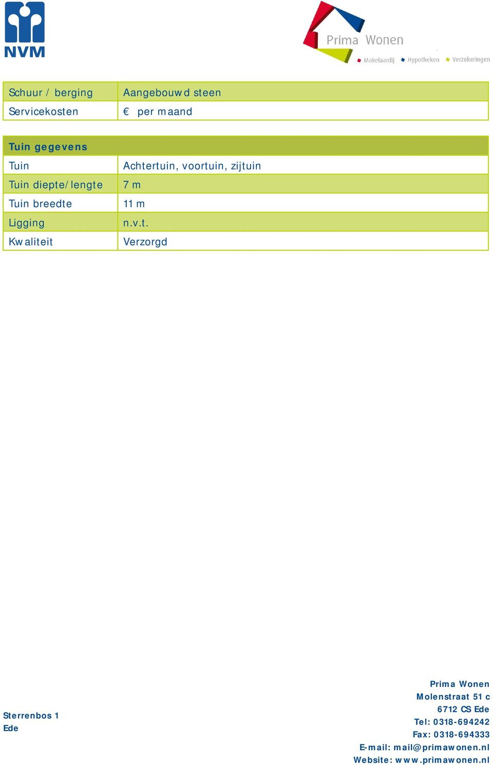 diepte/lengte Tuin breedte Ligging Kwaliteit