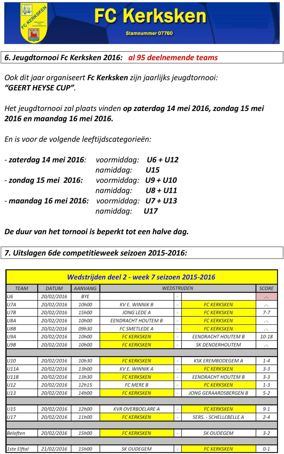 En is voor de volgende leeftijdscategorieën: - zaterdag 14 mei 2016: voormiddag: U6 + U12 namiddag: U15 - zondag 15 mei 2016: voormiddag: U9 +