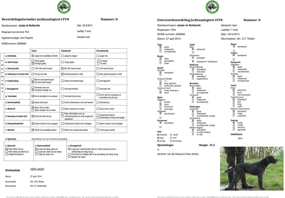 mnd NHSB nummer: 29390858 Geb.: 23-9-2013 : : dhr. C.F. Rutten on licht Opmerkingen Hoogte: 61,5 U Jammer van de blessure links achter.