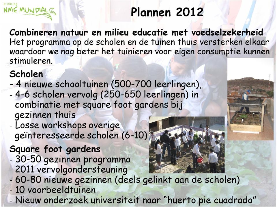 Scholen - 4 nieuwe schooltuinen (500-700 leerlingen), - 4-6 scholen vervolg (250-650 leerlingen) in combinatie met square foot gardens bij gezinnen thuis -