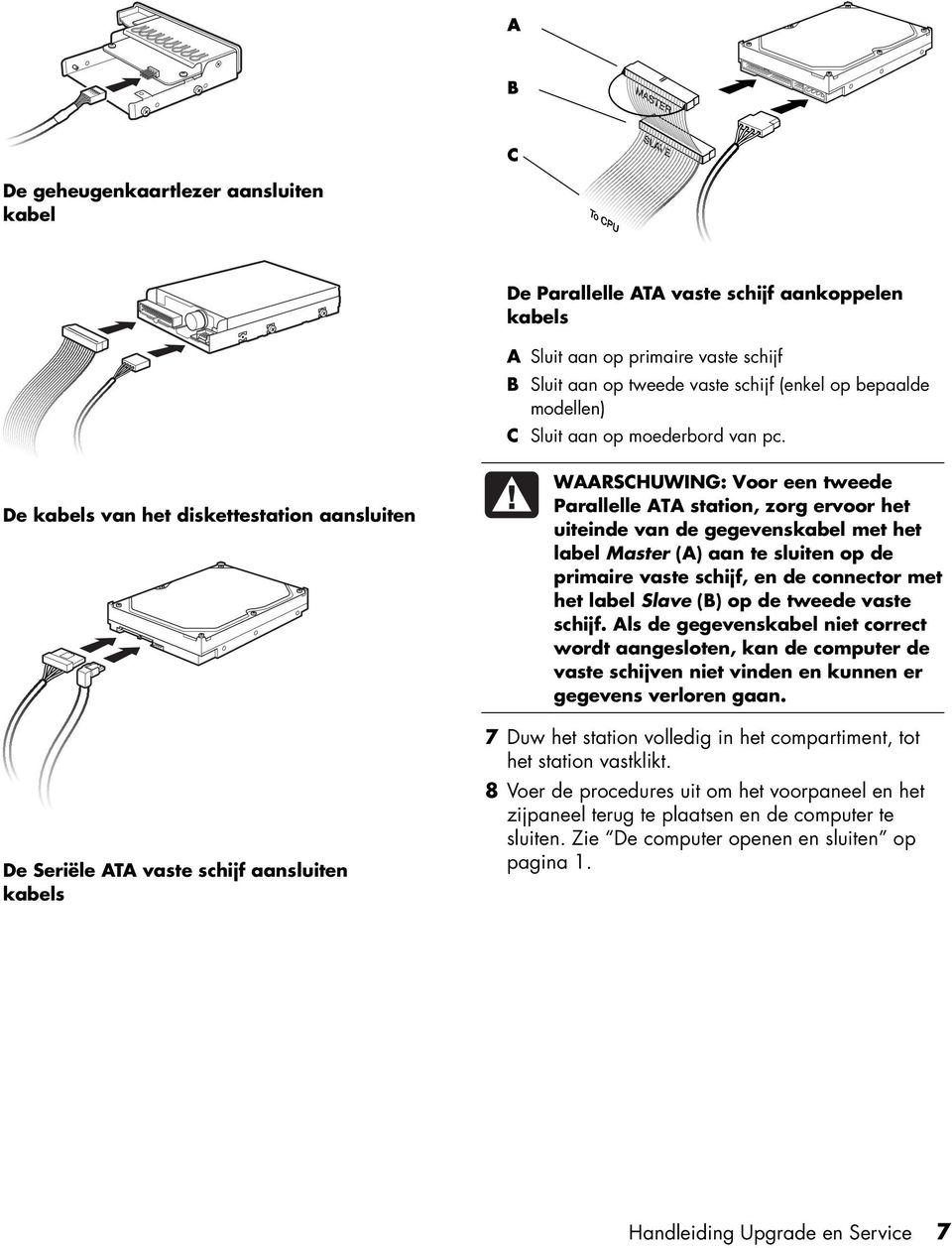 De kabels van het diskettestation aansluiten De Seriële ATA vaste schijf aansluiten kabels WAARSCHUWING: Voor een tweede Parallelle ATA station, zorg ervoor het uiteinde van de gegevenskabel met het