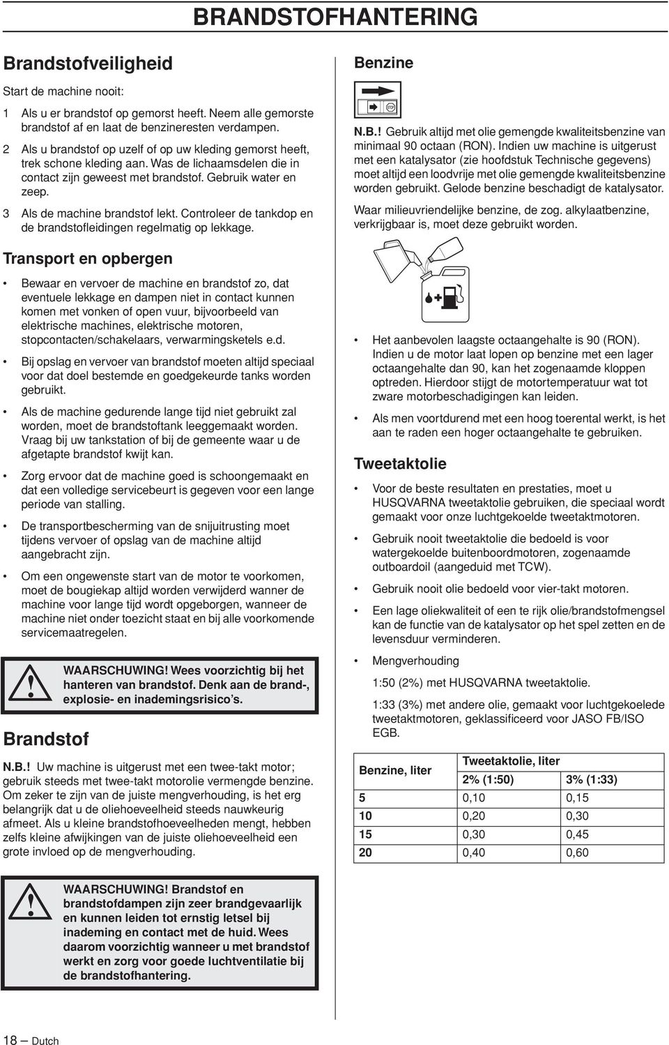 3 Als de machine brandstof lekt. Controleer de tankdop en de brandstofleidingen regelmatig op lekkage. N.B. Gebruik altijd met olie gemengde kwaliteitsbenzine van minimaal 90 octaan (RON).