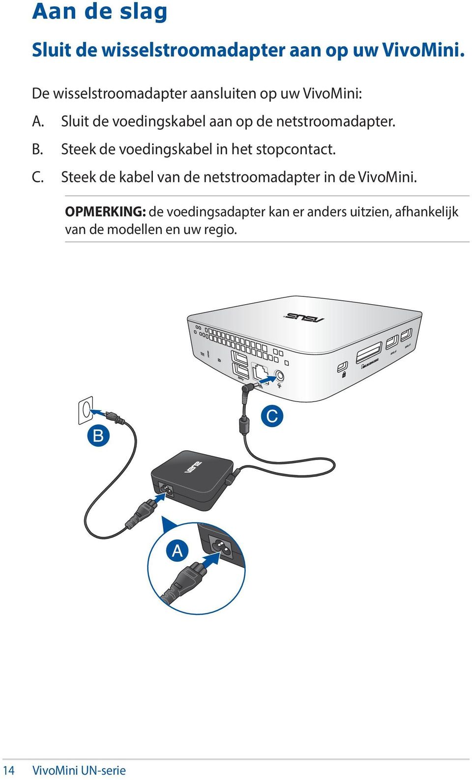 Sluit de voedingskabel aan op de netstroomadapter. B. Steek de voedingskabel in het stopcontact.