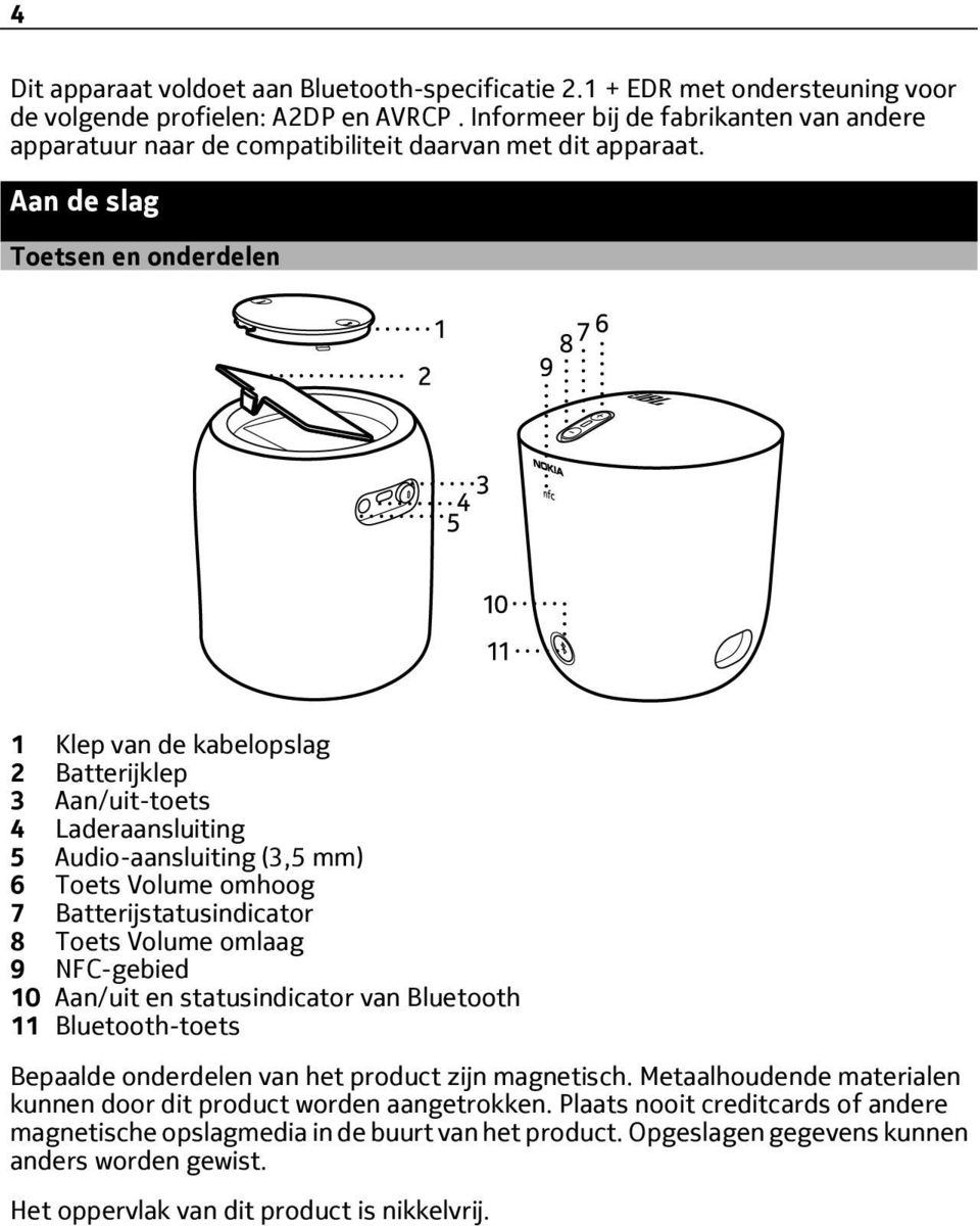 Aan de slag Toetsen en onderdelen 1 Klep van de kabelopslag 2 Batterijklep 3 Aan/uit-toets 4 Laderaansluiting 5 Audio-aansluiting (3,5 mm) 6 Toets Volume omhoog 7 Batterijstatusindicator 8 Toets